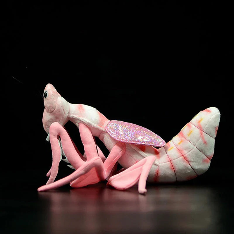 Lifelike praying mantis plush toys in vibrant pink and green colours, perfect for imaginative play and nature exploration