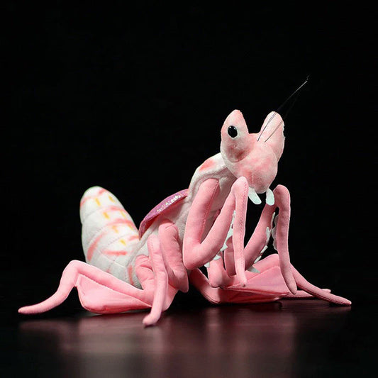 Lifelike praying mantis plush toys in vibrant pink and green colours, perfect for imaginative play and nature exploration