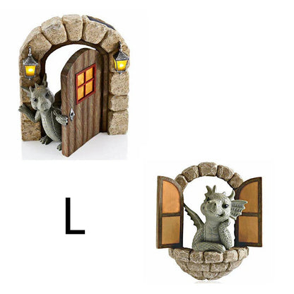 Enchanting resin garden ornaments with a curious dinosaur and warm solar lanterns, perfect for outdoor decor