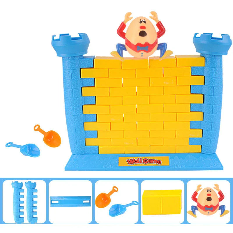 Colourful Humpty Dumpty wall game with plastic characters, base, and freestanding frame for a fun demolition challenge