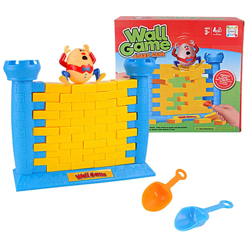 Colourful Humpty Dumpty wall game with plastic characters, base, and freestanding frame for a fun demolition challenge