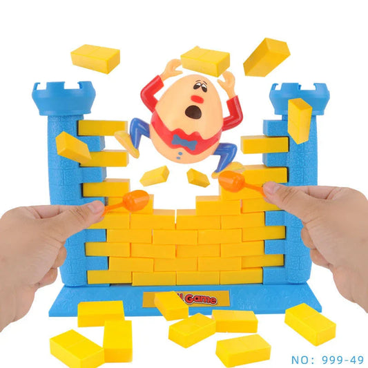 Colourful Humpty Dumpty wall game with plastic characters, base, and freestanding frame for a fun demolition challenge