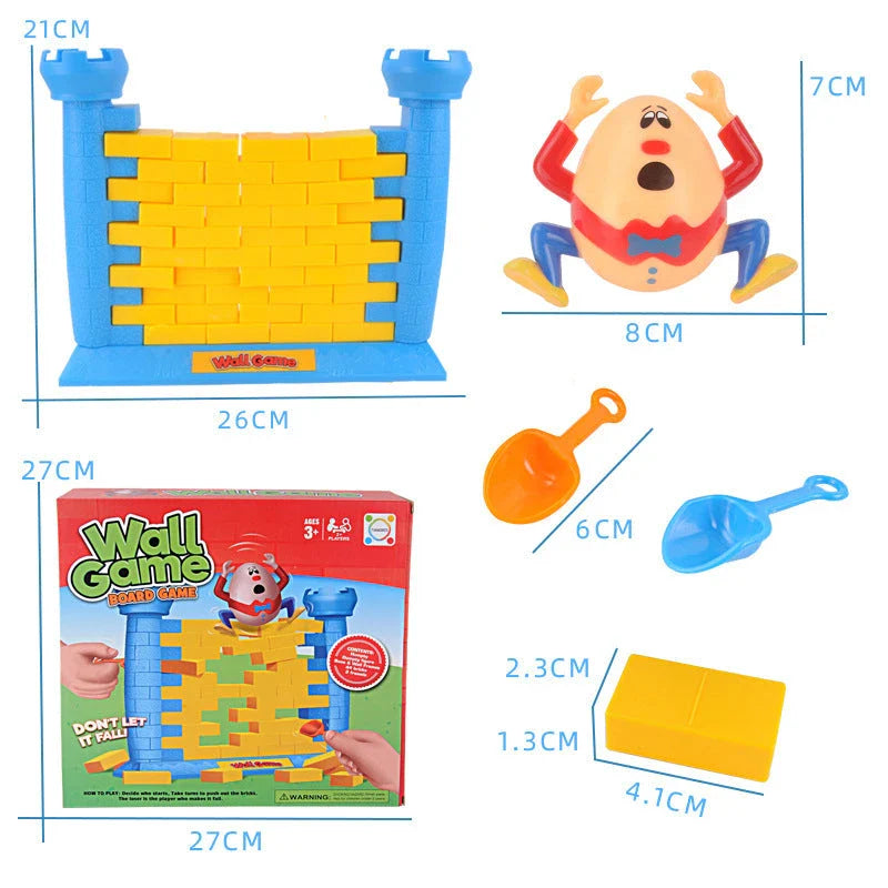 Colourful Humpty Dumpty wall game with plastic characters, base, and freestanding frame for a fun demolition challenge
