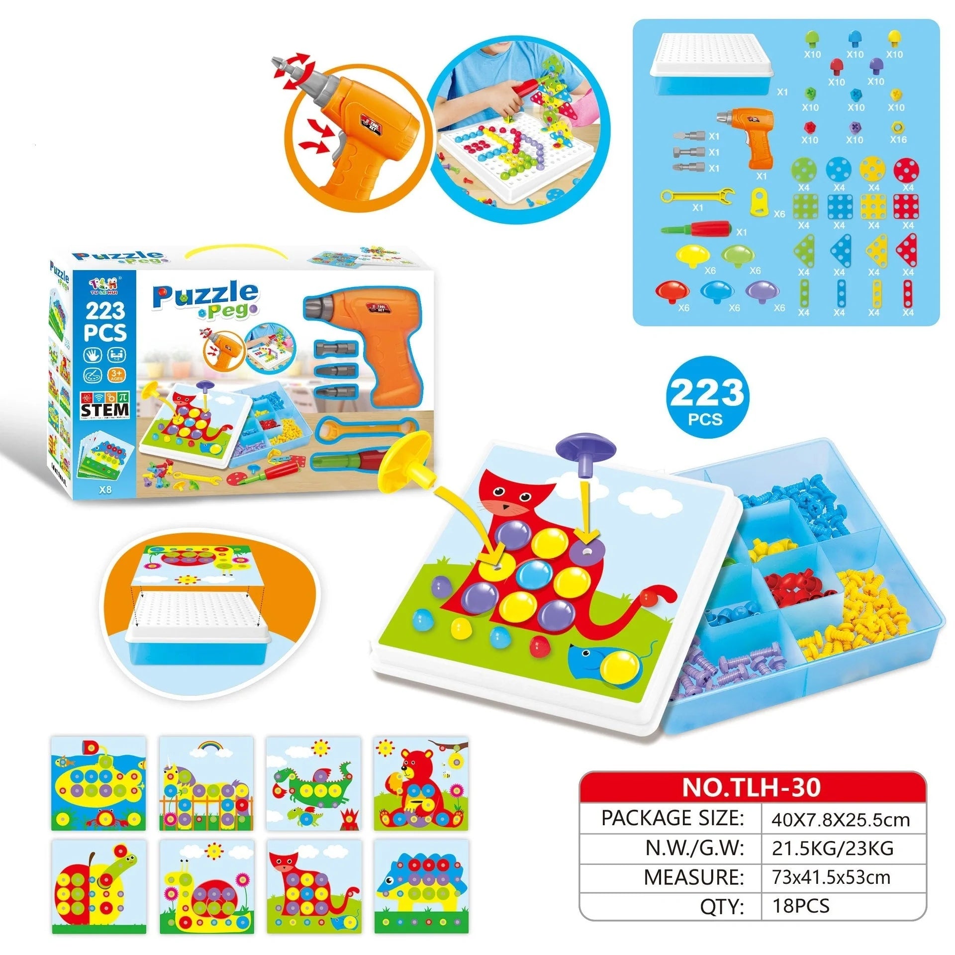 Educational building kit with safe plastic power drill for children aged 3+