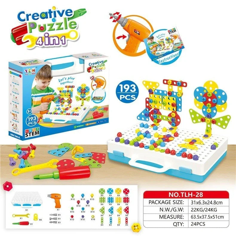 Educational building kit with safe plastic power drill for children aged 3+