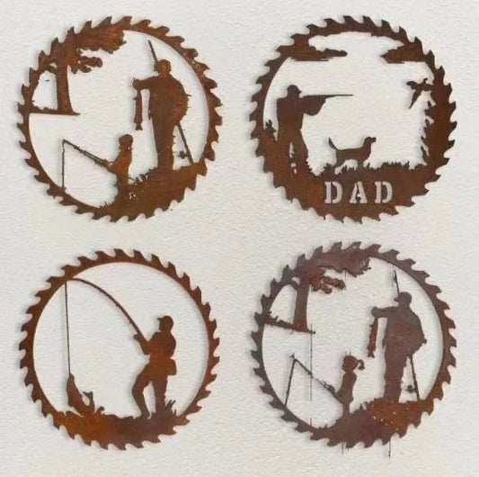 Handcrafted metal fishing scene pendant for garden decoration