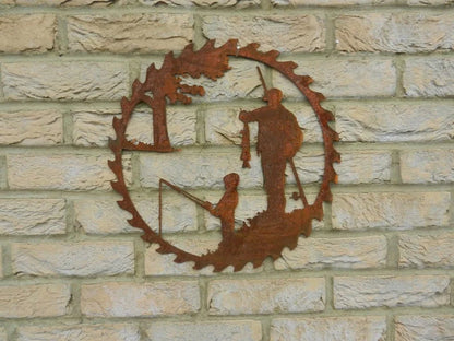 Handcrafted metal fishing scene pendant for garden decoration