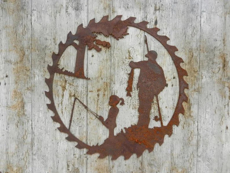 Handcrafted metal fishing scene pendant for garden decoration