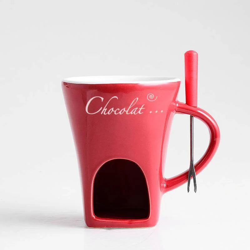 Ceramic fondue set with individual pots for making chocolate, cheese or ice cream fondues at home