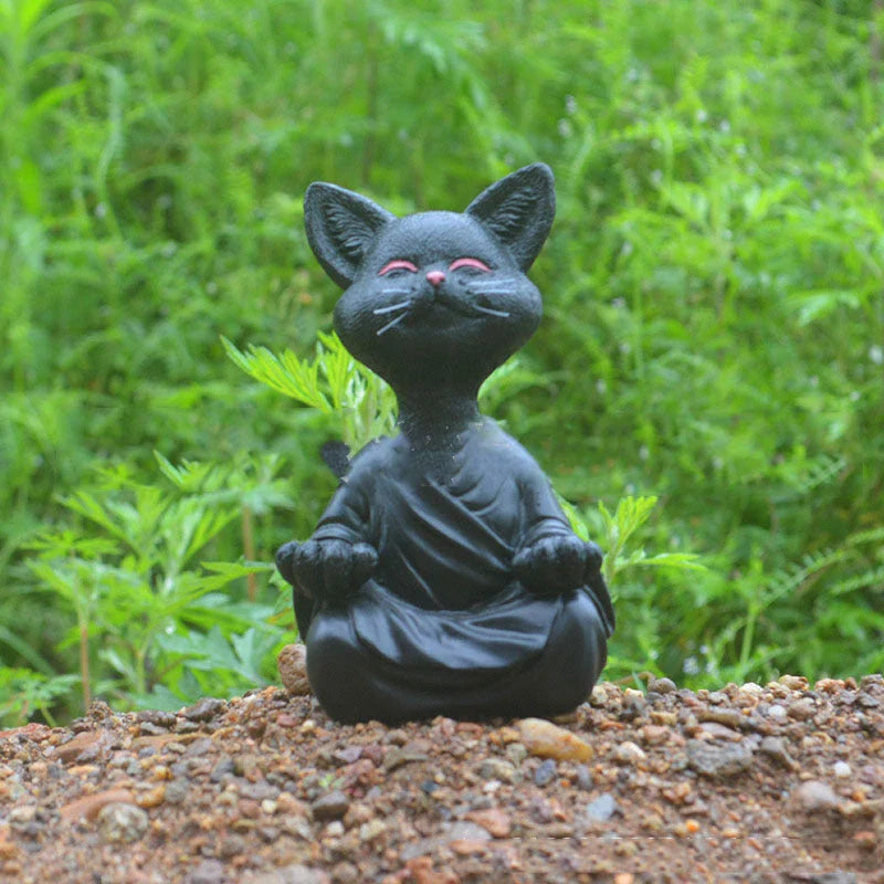 Captivating Black Buddha Cat Figurine crafted from premium resin, perfect for meditation spaces, yoga studios, and home decor