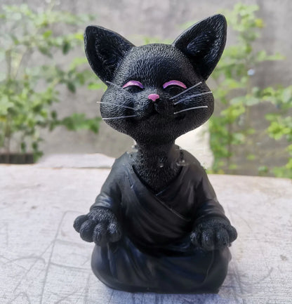 Captivating Black Buddha Cat Figurine crafted from premium resin, perfect for meditation spaces, yoga studios, and home decor