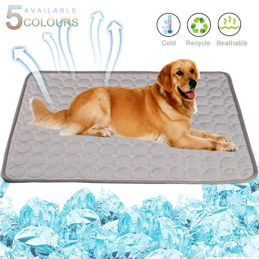 Pet Summer Portable Ice Silk Cooling Pad in various colors and sizes