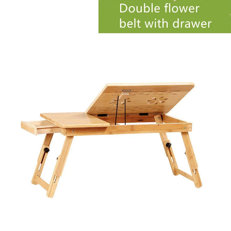 Ergonomic bamboo laptop desk with storage drawers, adjustable legs, and cooling fan for comfortable home office use