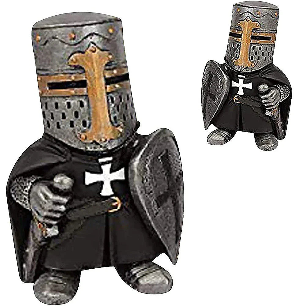 Whimsical resin dwarf knight statues in classic medieval armor and weaponry, standing guard over a garden or outdoor space