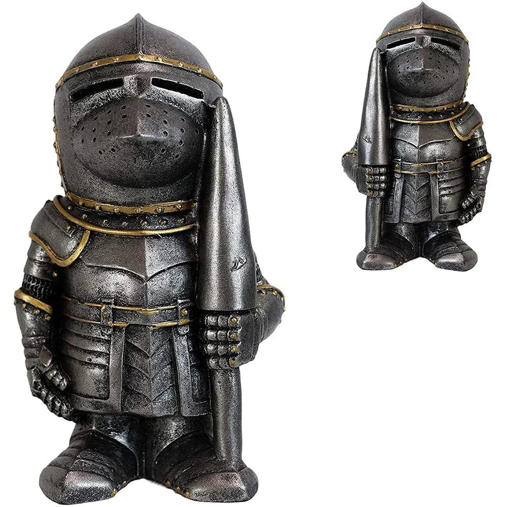 Whimsical resin dwarf knight statues in classic medieval armor and weaponry, standing guard over a garden or outdoor space