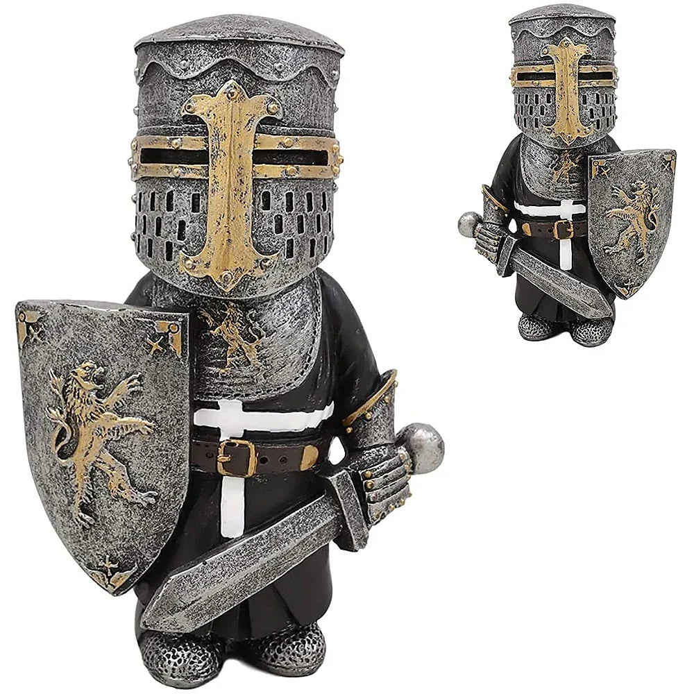 Whimsical resin dwarf knight statues in classic medieval armor and weaponry, standing guard over a garden or outdoor space
