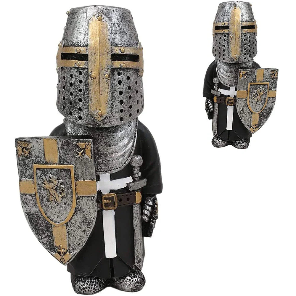 Whimsical resin dwarf knight statues in classic medieval armor and weaponry, standing guard over a garden or outdoor space