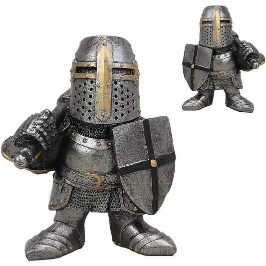 Whimsical resin dwarf knight statues in classic medieval armor and weaponry, standing guard over a garden or outdoor space
