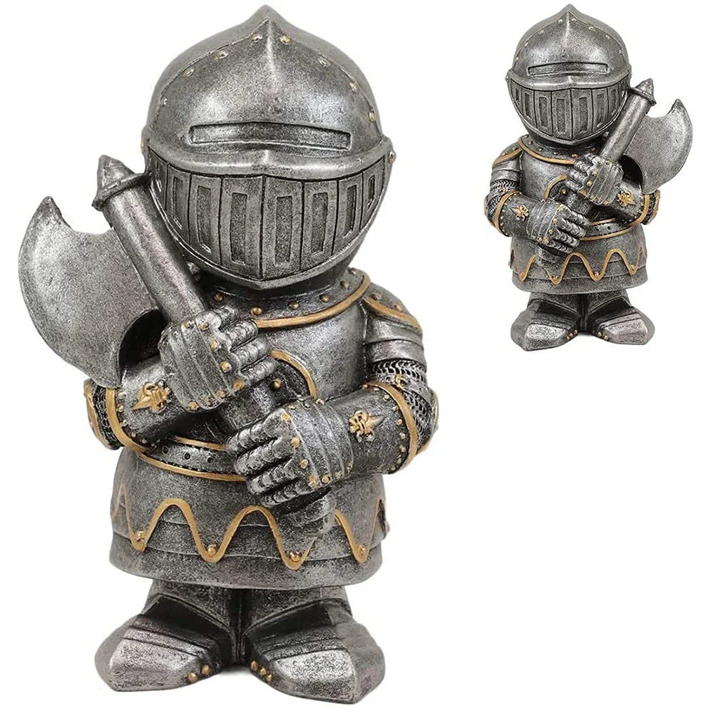 Whimsical resin dwarf knight statues in classic medieval armor and weaponry, standing guard over a garden or outdoor space