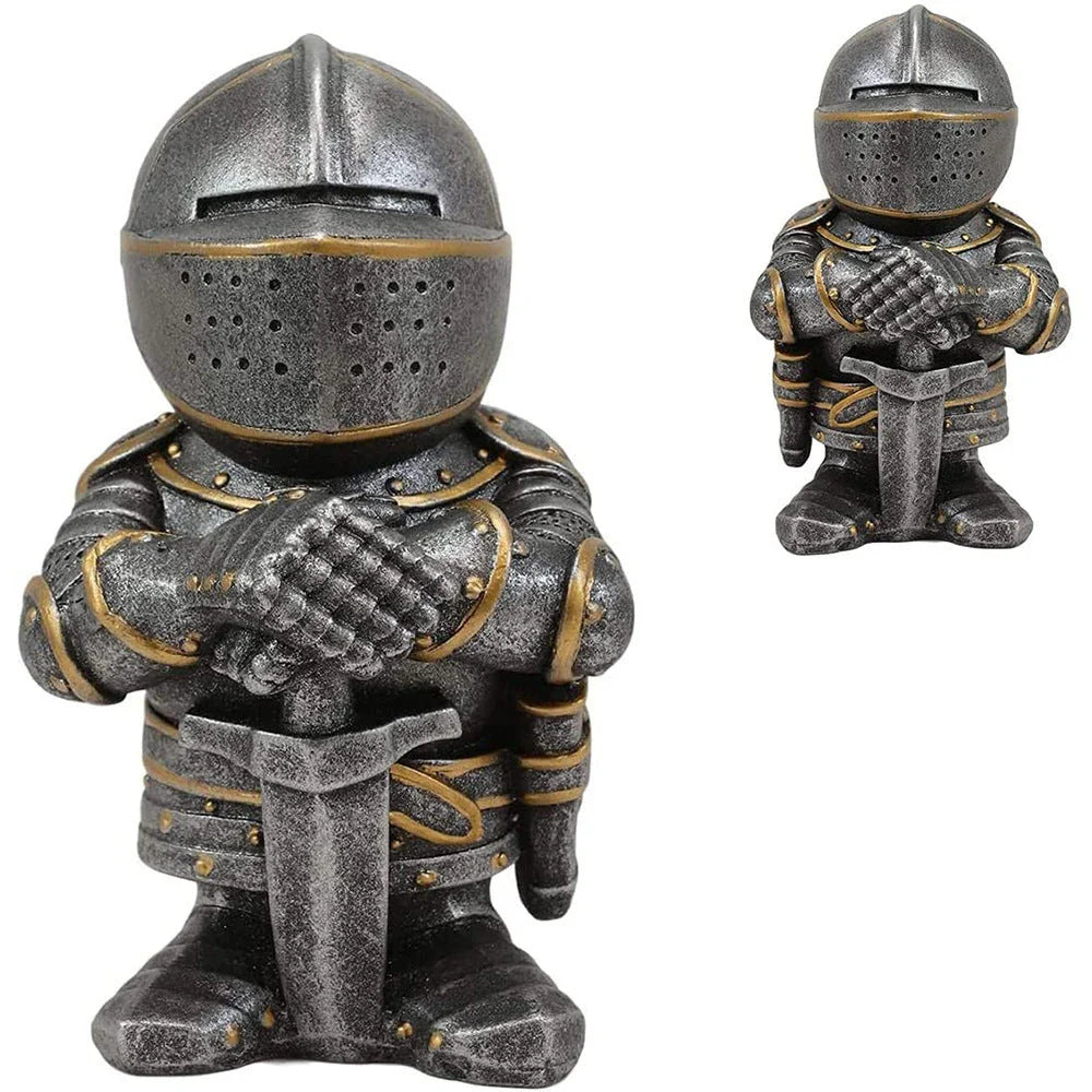 Whimsical resin dwarf knight statues in classic medieval armor and weaponry, standing guard over a garden or outdoor space