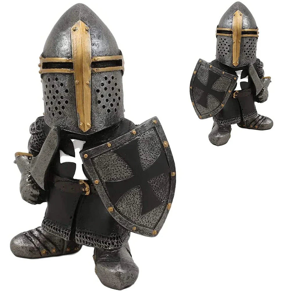 Whimsical resin dwarf knight statues in classic medieval armor and weaponry, standing guard over a garden or outdoor space