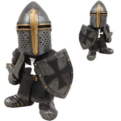Whimsical resin dwarf knight statues in classic medieval armor and weaponry, standing guard over a garden or outdoor space