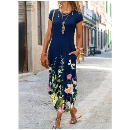 Stylish, printed midi dress with pockets, available in a variety of colours and sizes
