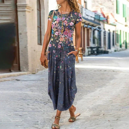 Stylish, printed midi dress with pockets, available in a variety of colours and sizes