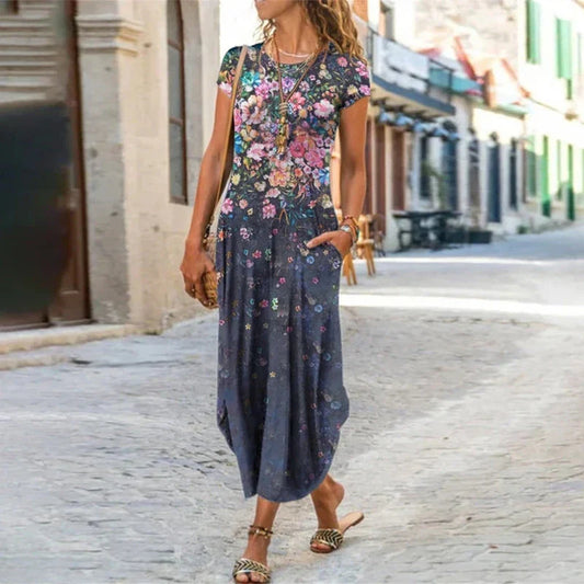 Stylish, printed midi dress with pockets, available in a variety of colours and sizes