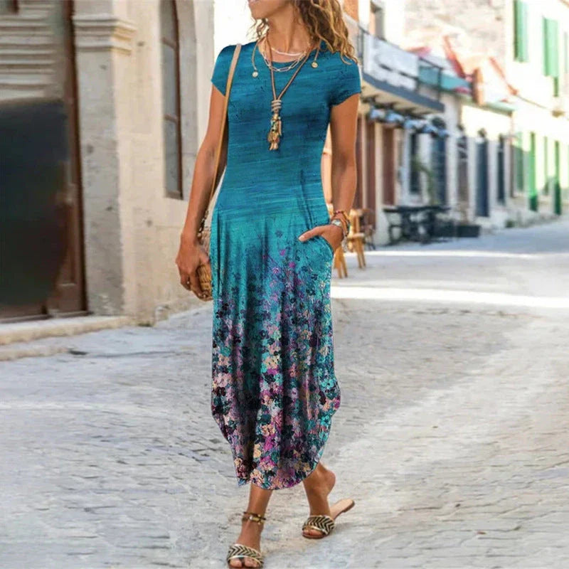 Stylish, printed midi dress with pockets, available in a variety of colours and sizes