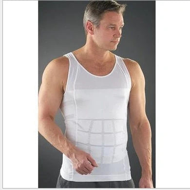Sleek and slimming men's compression vest shapewear made of linen fabric, available in black and white colours and sizes from S to 2XL