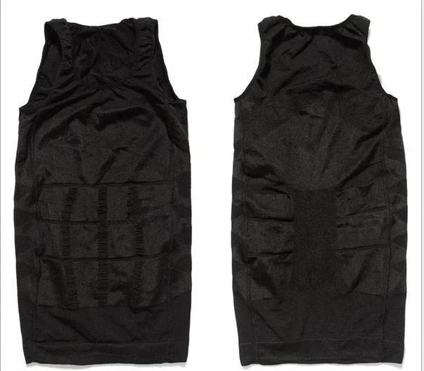 Sleek and slimming men's compression vest shapewear made of linen fabric, available in black and white colours and sizes from S to 2XL