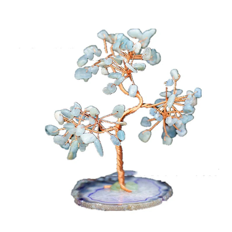 Aquamarine Crystal Fortune Tree Ornament with light blue hue and plant design