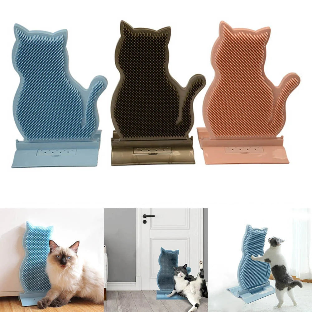 Cat Self Massage Brush in blue, pink, and brown for shed hair removal and stress relief