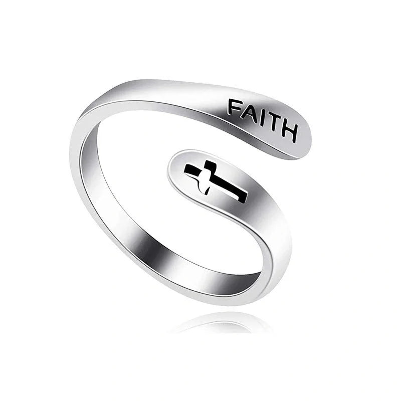 Adjustable Vintage Faith Letters Cross Ring in sterling silver with geometric design