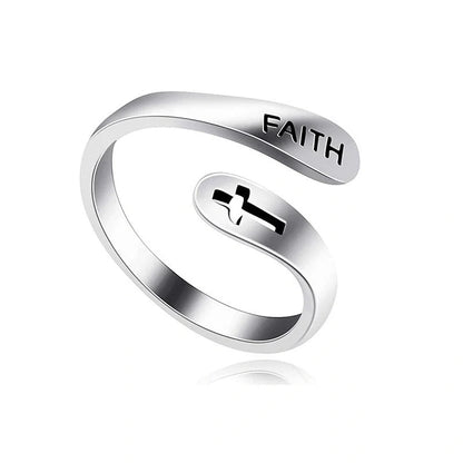 Adjustable Vintage Faith Letters Cross Ring in sterling silver with geometric design
