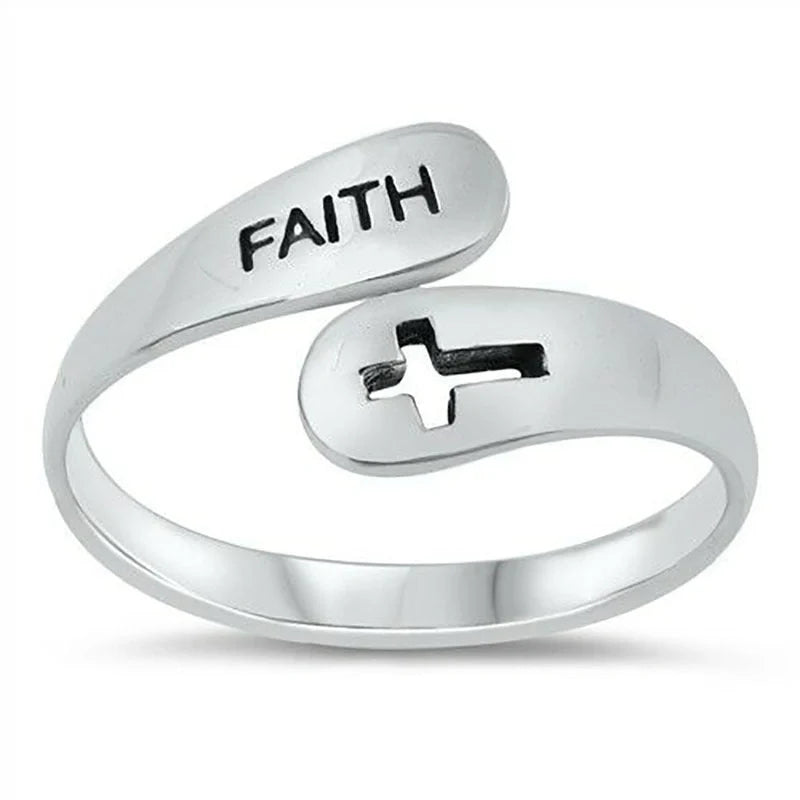 Adjustable Vintage Faith Letters Cross Ring in sterling silver with geometric design