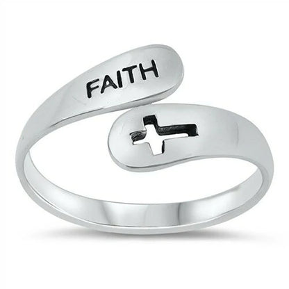 Adjustable Vintage Faith Letters Cross Ring in sterling silver with geometric design