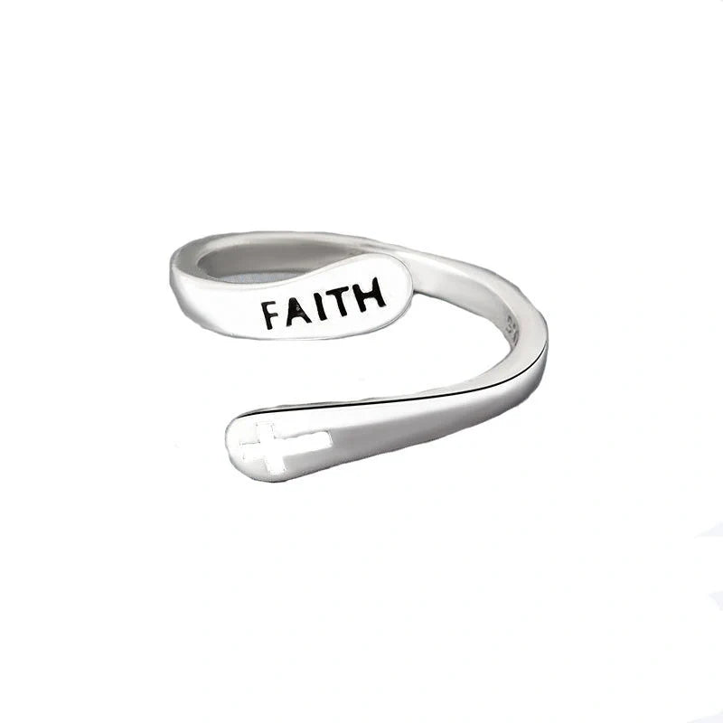 Adjustable Vintage Faith Letters Cross Ring in sterling silver with geometric design