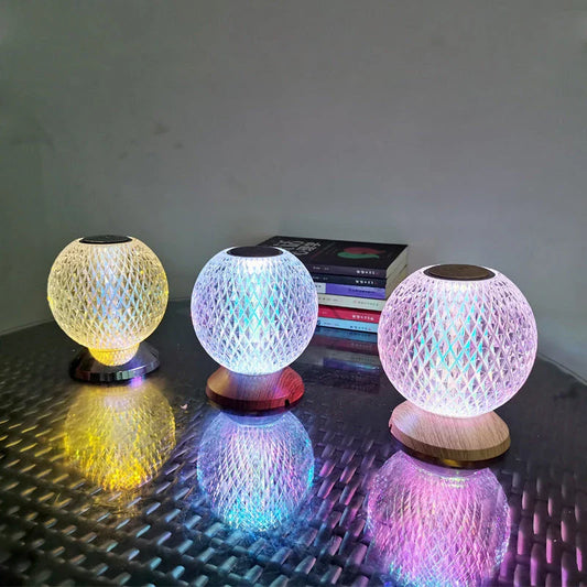 Elegant acrylic crystal bedside lamp with customisable RGB lighting, creating a warm and relaxing atmosphere in the bedroom