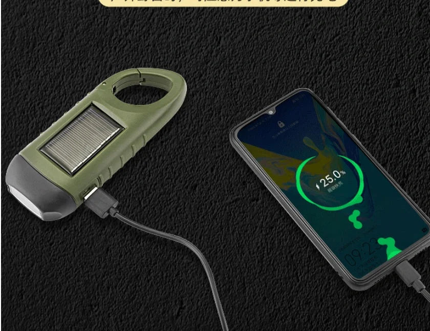 Hand-cranked LED flashlight with solar panel and carabiner clip
