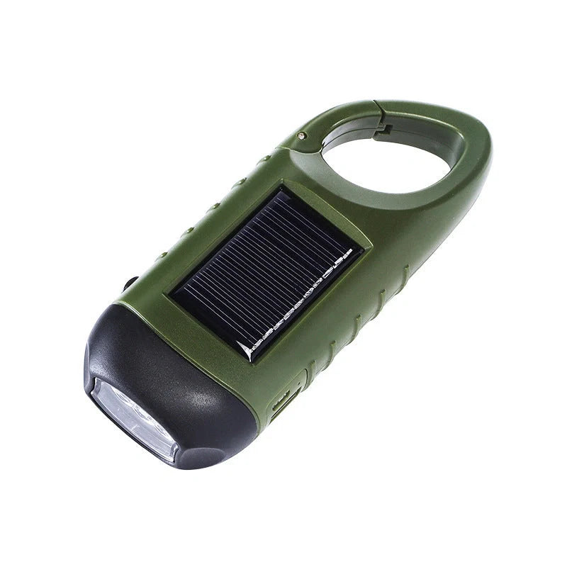 Hand-cranked LED flashlight with solar panel and carabiner clip