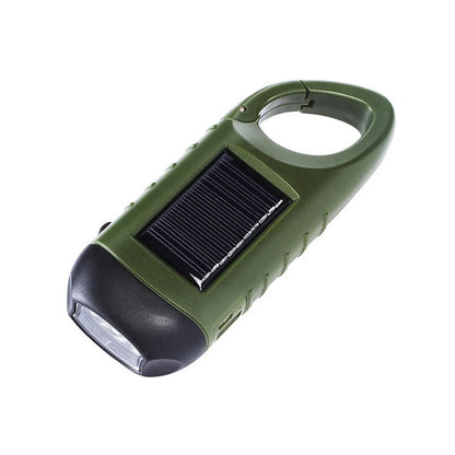 Hand-cranked LED flashlight with solar panel and carabiner clip