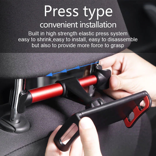 Adjustable car headrest mount for holding smartphones and tablets, with 360-degree swivel and telescopic arm for optimal viewing