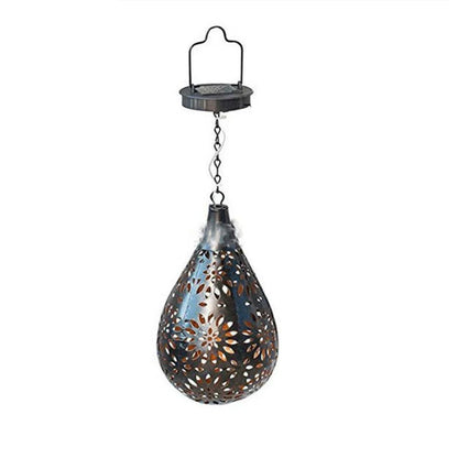 Solar-powered outdoor hanging lantern with flower-patterned shade, made of durable metal for long-lasting use in gardens, patios, and pathways.