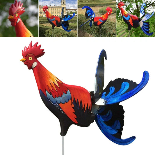 Handmade rooster windmill garden statue with vivid colours and waterproof features