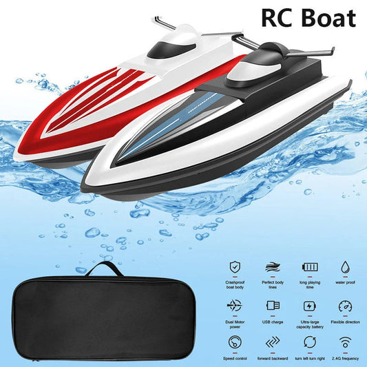 High-speed RC racing boat in black and red with dual motor and waterproof design