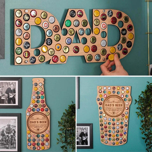 Stylish wooden beer bottle cap display organiser with customizable wooden letters and storage spaces for collecting caps