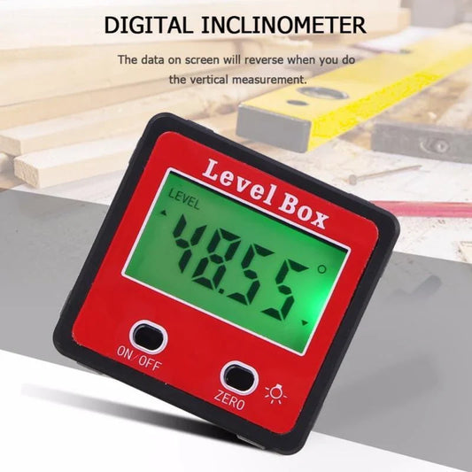 Digital angle ruler with large backlit LCD display, magnetic base, and precise 0-360 degree measurement range