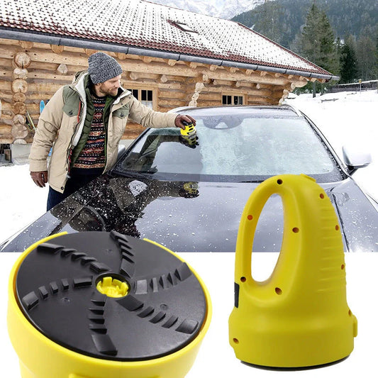 Electric snow scraper with yellow body and rotating disc for ice removal